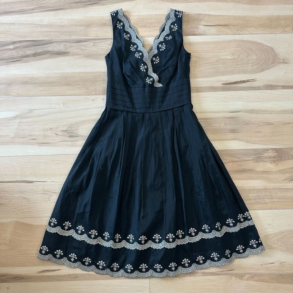 Ann Taylor Black Sleeveless Fit-and-Flare Dress with White Lace Trim